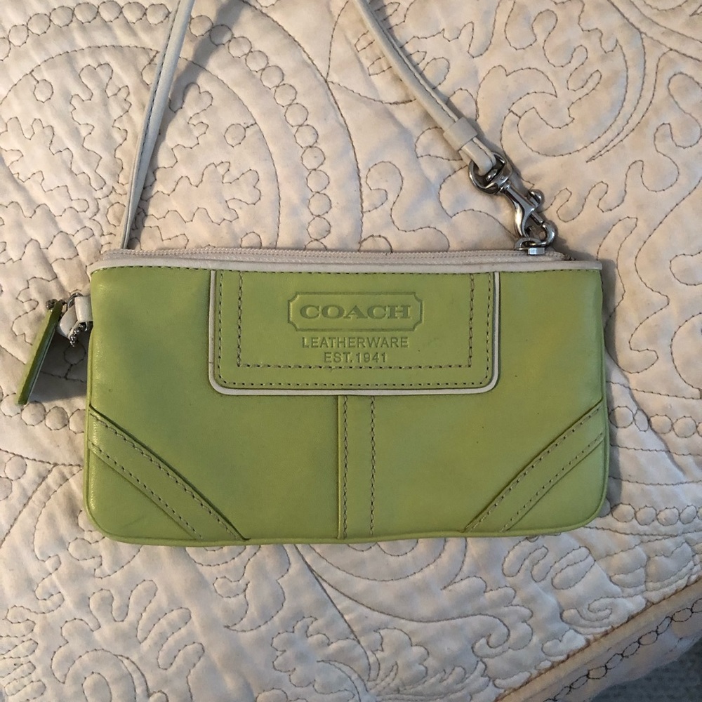 Coach leather wristlet lime green white accent strap